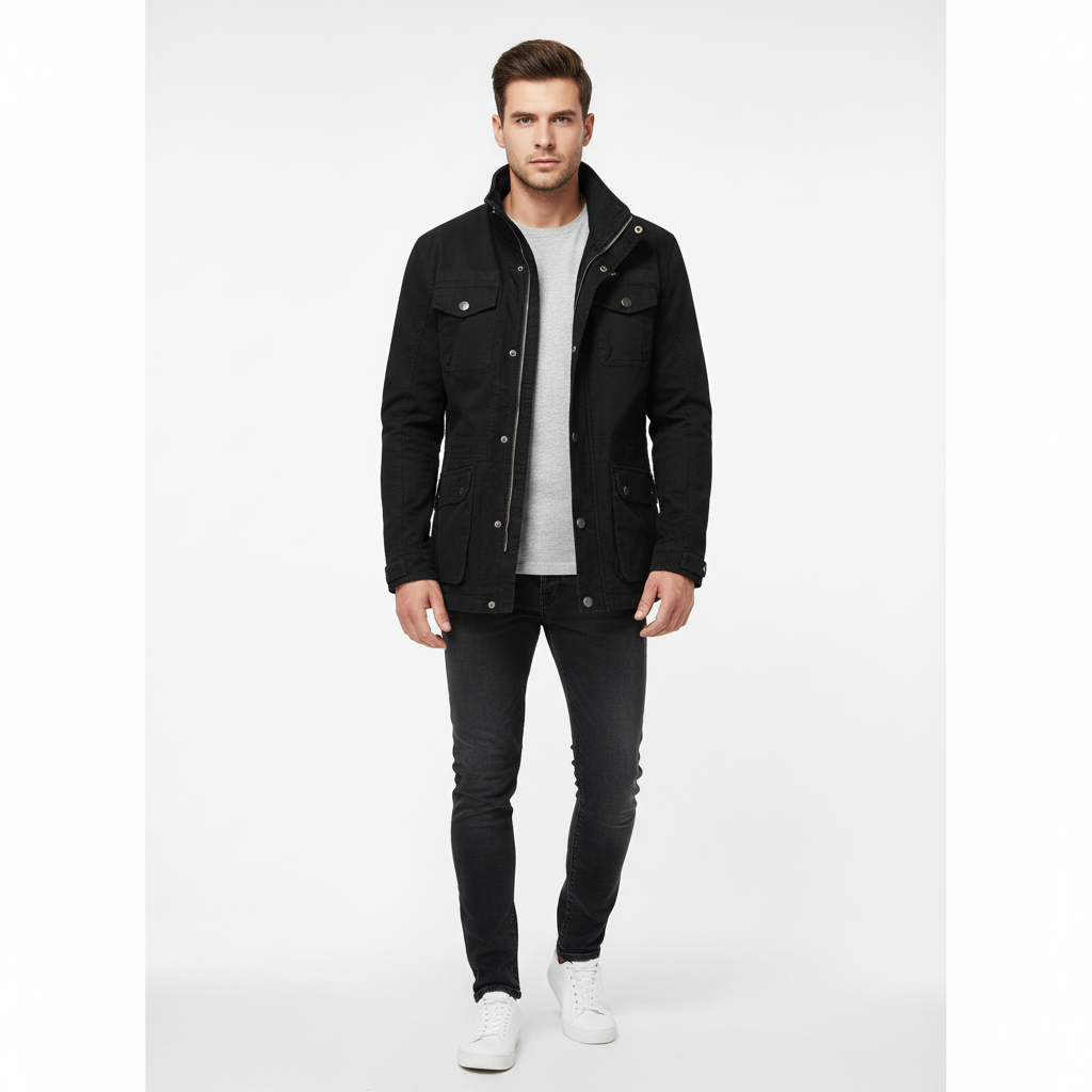 Men's high-neck utility jacket with long sleeves, zip front and multiple flap pockets