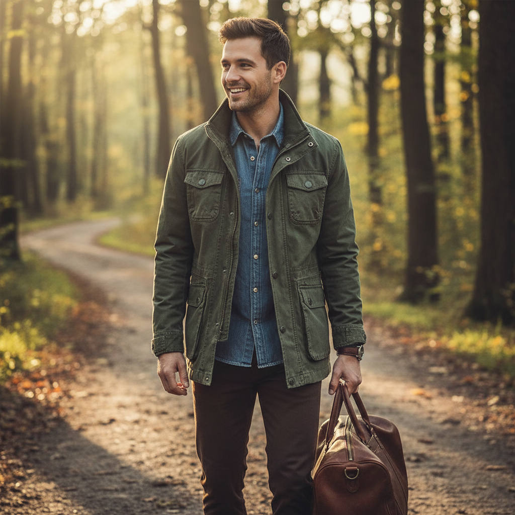Men's high-neck utility jacket with long sleeves, zip front and multiple flap pockets