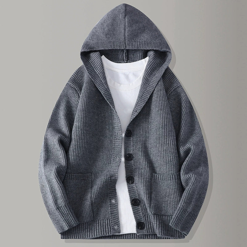 Men's hooded ribbed knit cardigan with button front and patch pockets