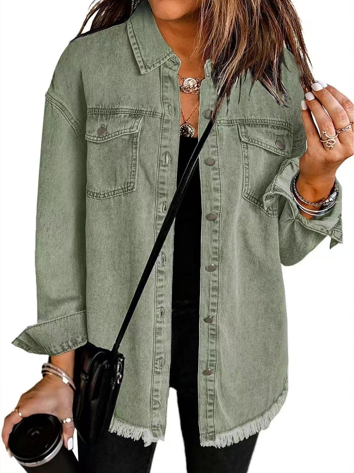Women's longline denim jacket with shirt collar, chest pockets and frayed hem