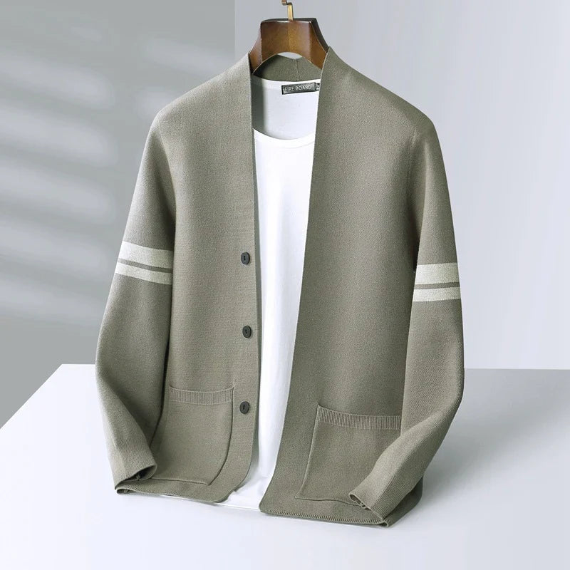 Men's long-sleeved striped cardigan with button fastening and front patch pockets