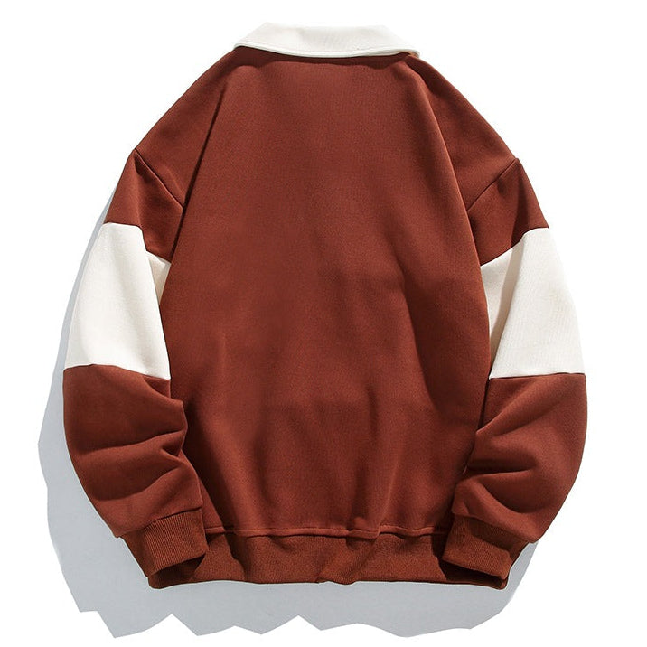Men's long-sleeved colour-block polo sweatshirt with collared neckline and button placket
