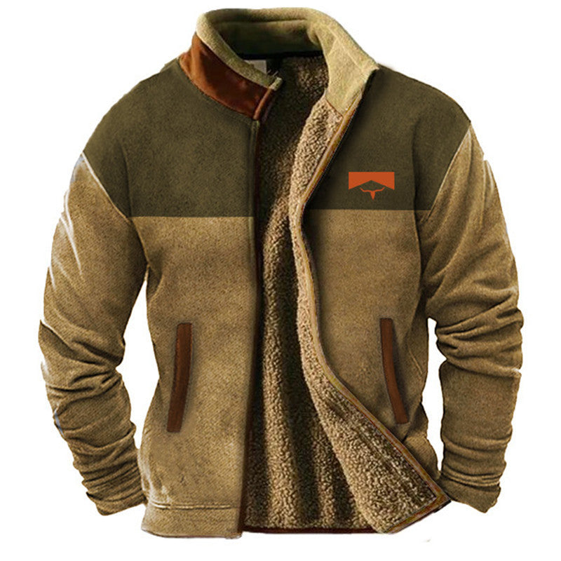 Men's fleece jacket with geometric patterned sleeves, raised collar and front zip