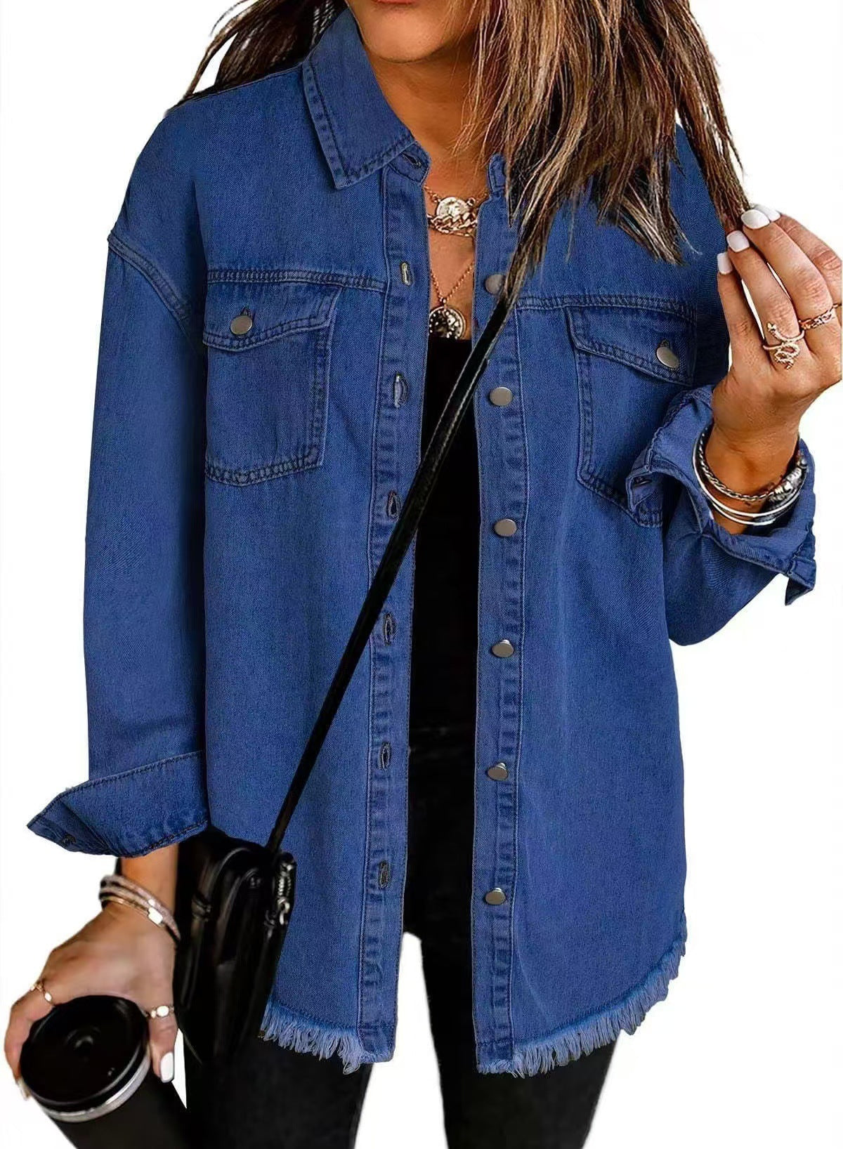 Women's longline denim jacket with shirt collar, chest pockets and frayed hem