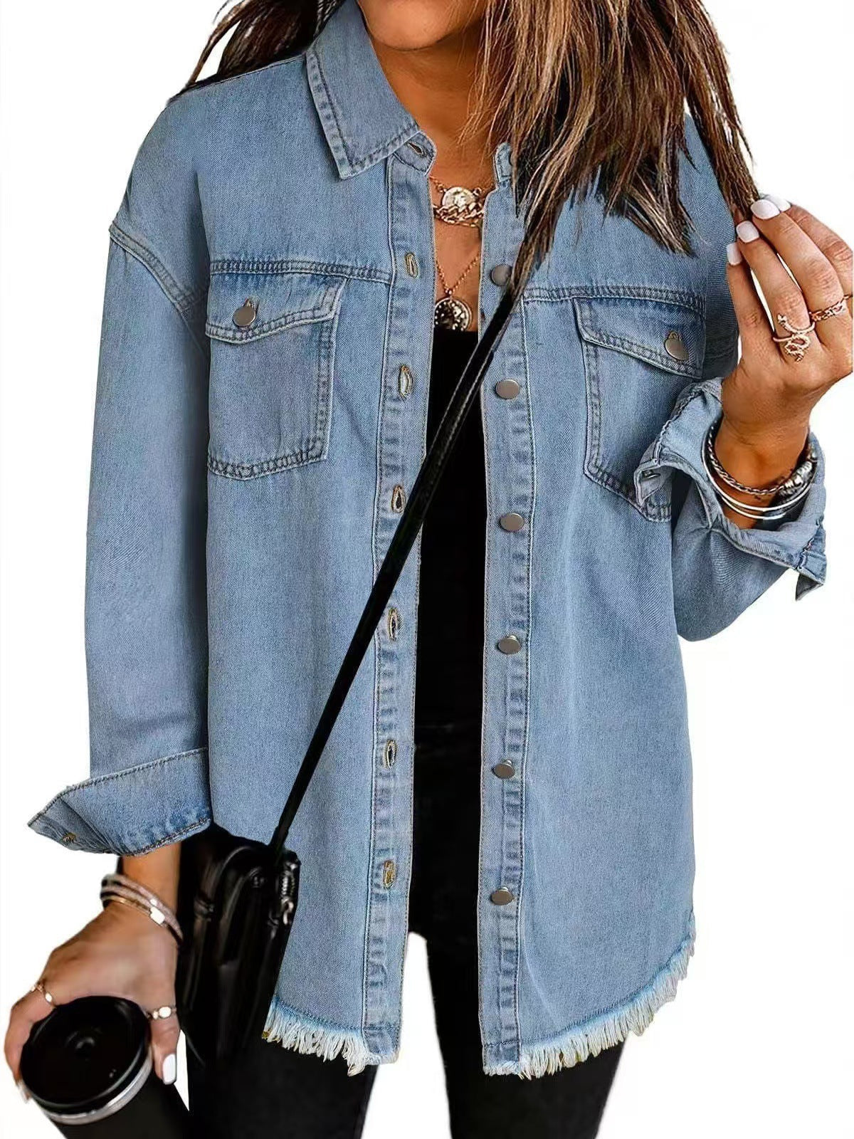 Women's longline denim jacket with shirt collar, chest pockets and frayed hem