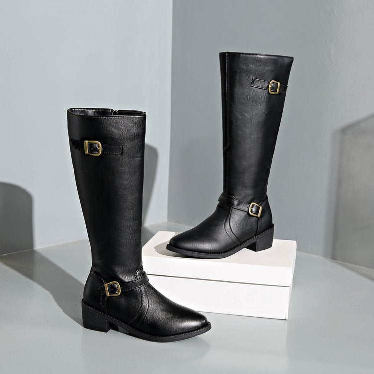 Women's knee-high riding boots with buckle straps and low block heels