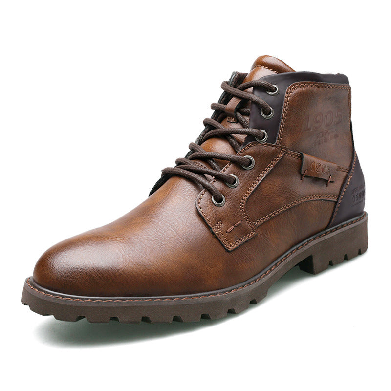 Men's lace-up ankle boots with rounded toes and rugged lug soles