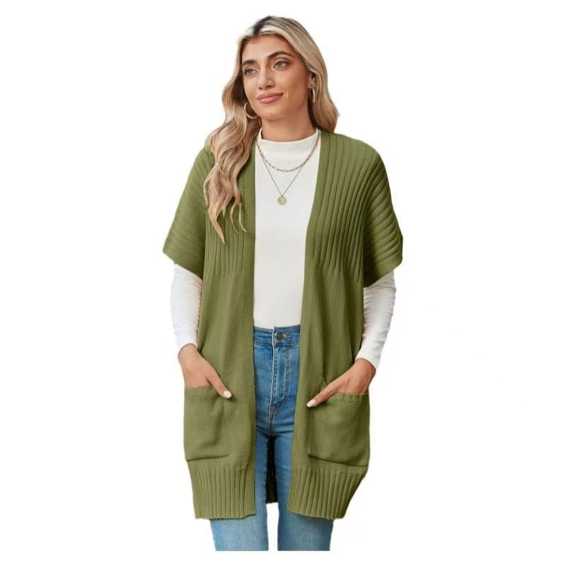 Women's open-front ribbed knit cardigan with short sleeves and patch pockets