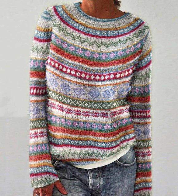 Women's multicoloured striped long-sleeve jumper with round neckline