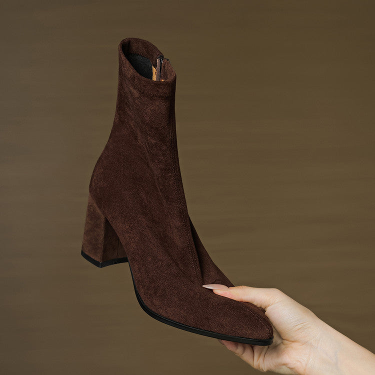 Women's ankle boots with pointed toes, side zips and block heels