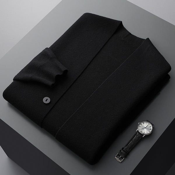 Men's long-sleeved striped cardigan with button fastening and front patch pockets