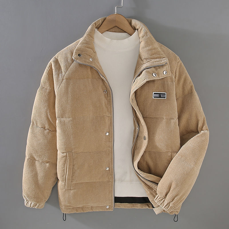 Men's corduroy padded jacket with mock collar, long sleeves and front pockets