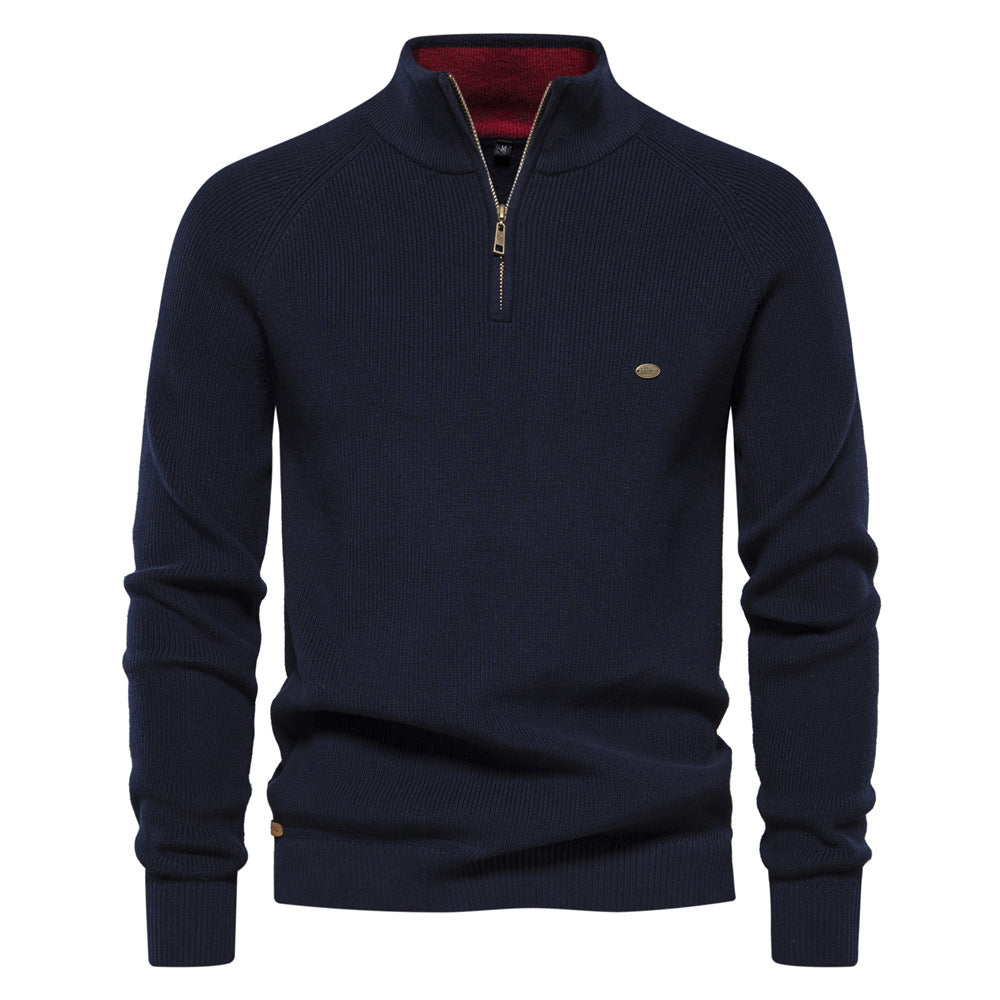Men's ribbed half-zip jumper with mock neck and long sleeves