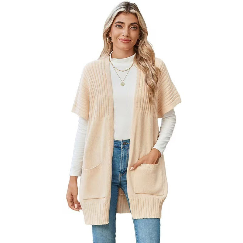 Women's open-front ribbed knit cardigan with short sleeves and patch pockets