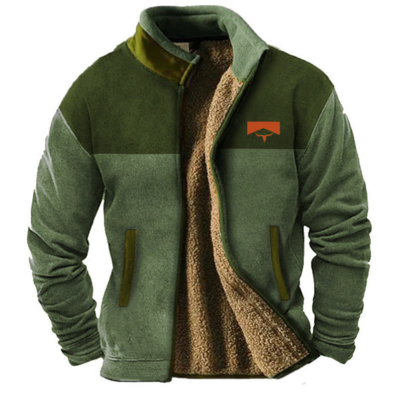 Men's fleece jacket with geometric patterned sleeves, raised collar and front zip