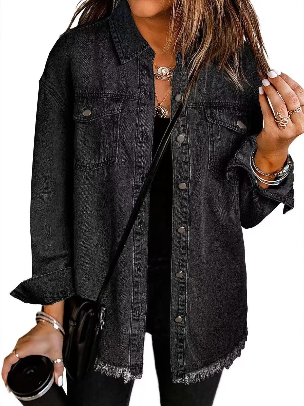 Women's longline denim jacket with shirt collar, chest pockets and frayed hem