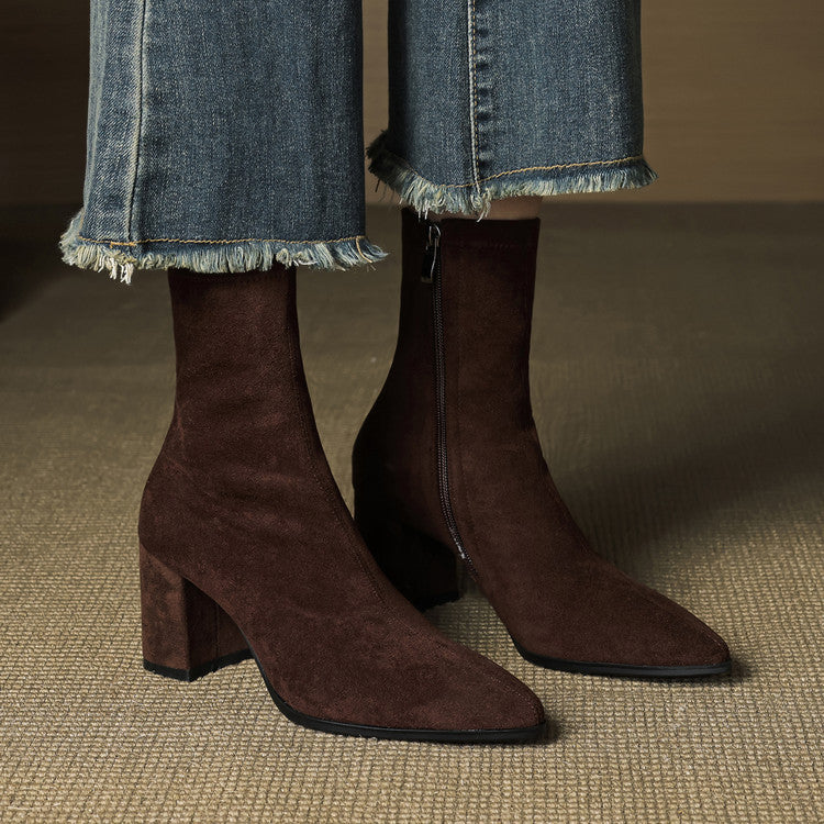 Women's ankle boots with pointed toes, side zips and block heels