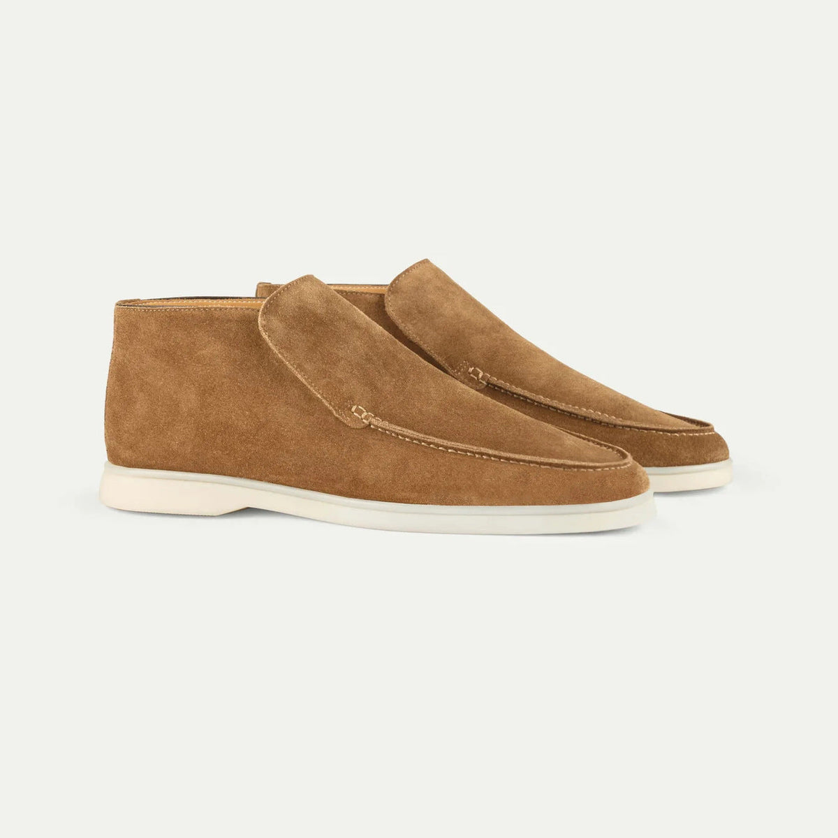 Men's ankle loafer boots with stitched vamp detail and flat light-coloured soles