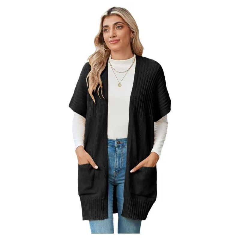 Women's open-front ribbed knit cardigan with short sleeves and patch pockets