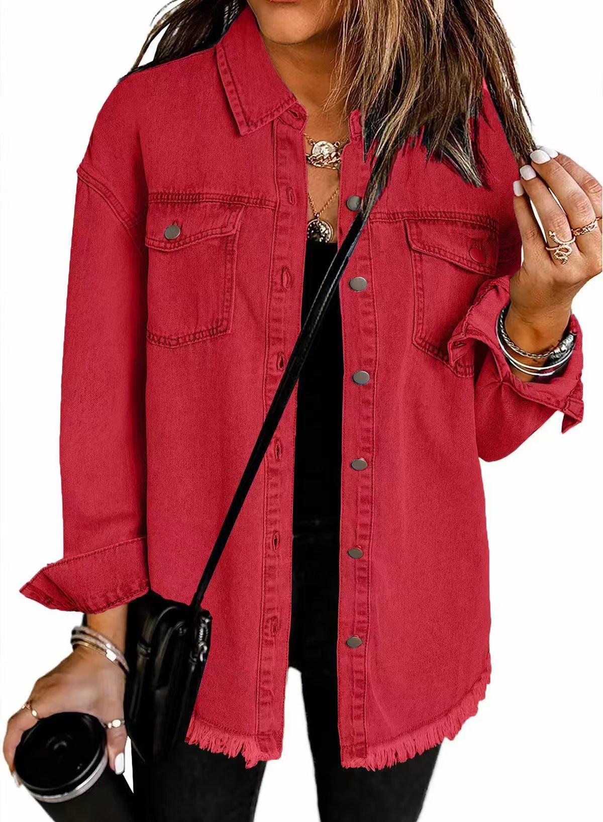 Women's longline denim jacket with shirt collar, chest pockets and frayed hem