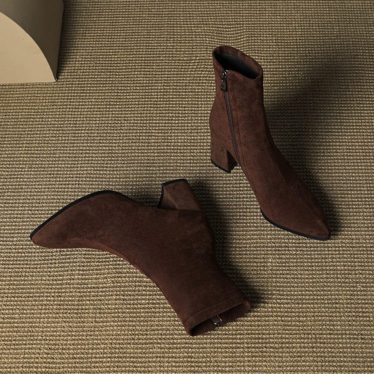 Women's ankle boots with pointed toes, side zips and block heels