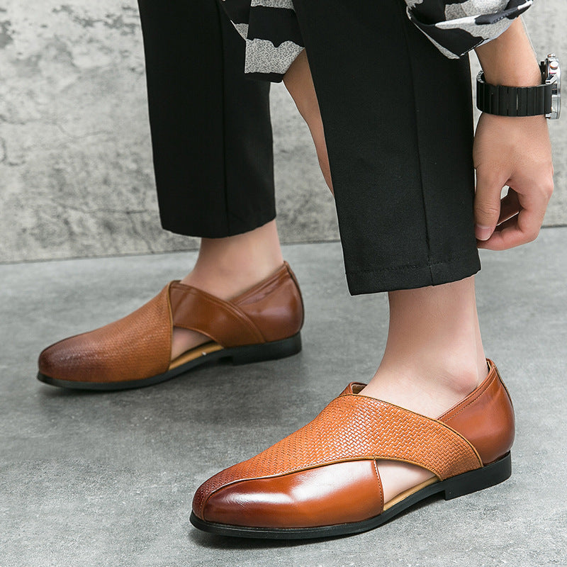 Men's two-tone textured slip-on loafer with rounded toe and flat sole