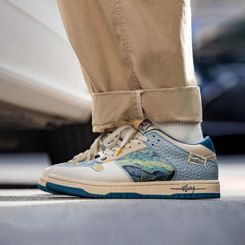 Unisex lace-up sneakers with multicoloured landscape artwork and blue soles