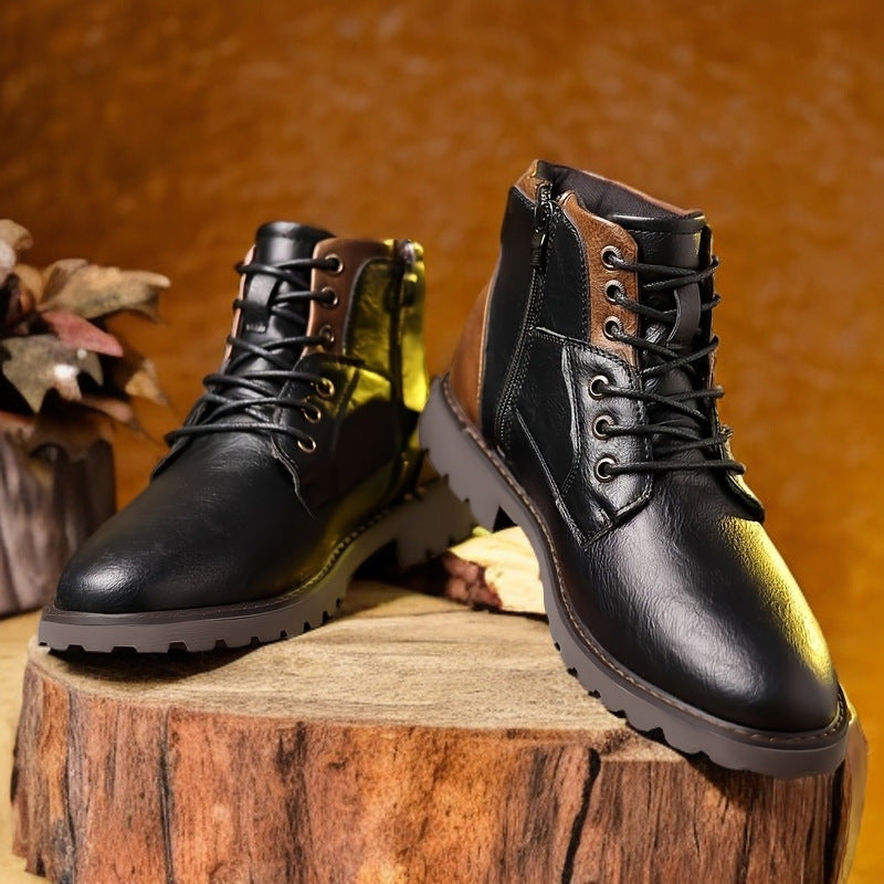 Men's lace-up ankle boots with rounded toes and rugged lug soles