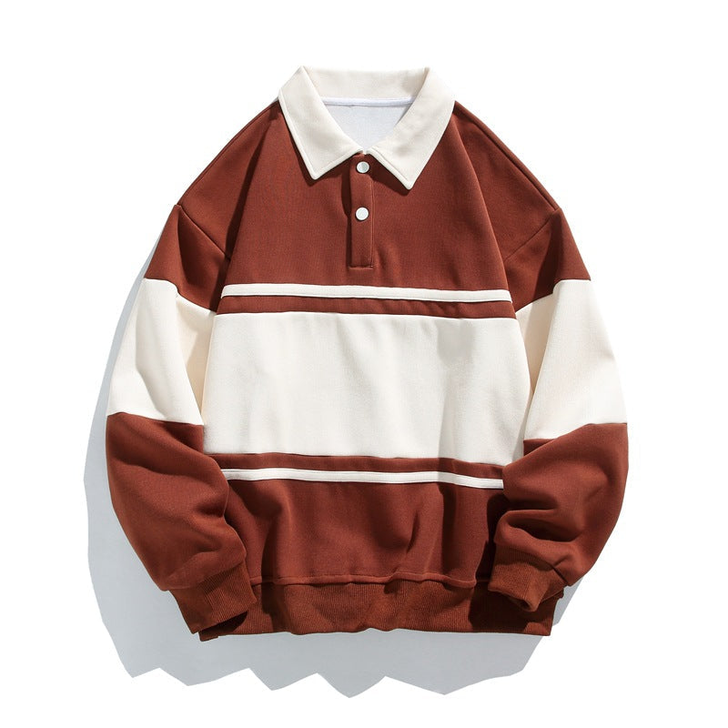 Men's long-sleeved colour-block polo sweatshirt with collared neckline and button placket