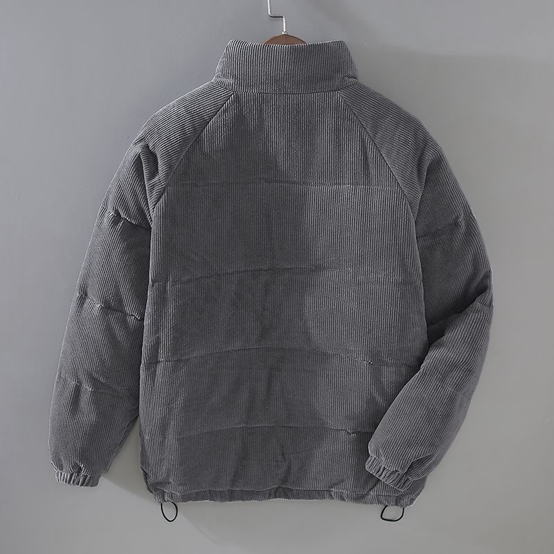 Men's corduroy padded jacket with mock collar, long sleeves and front pockets