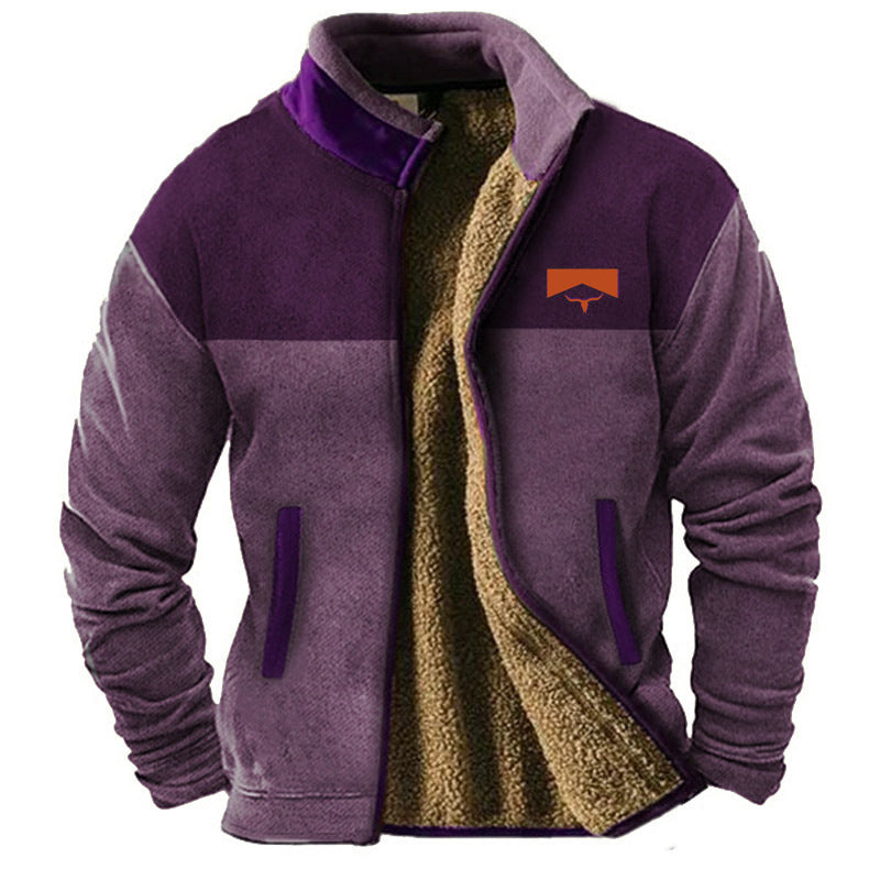 Men's fleece jacket with geometric patterned sleeves, raised collar and front zip