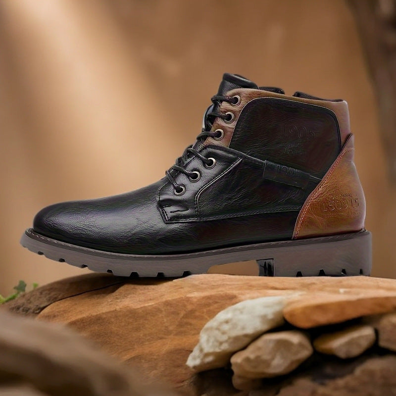 Men's lace-up ankle boots with rounded toes and rugged lug soles