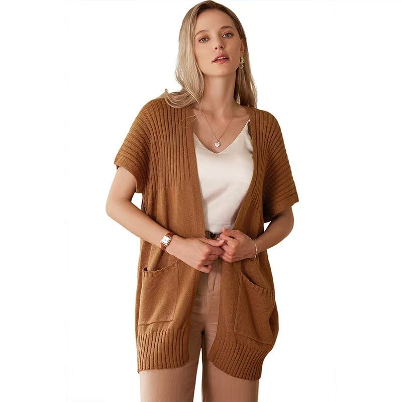 Women's open-front ribbed knit cardigan with short sleeves and patch pockets