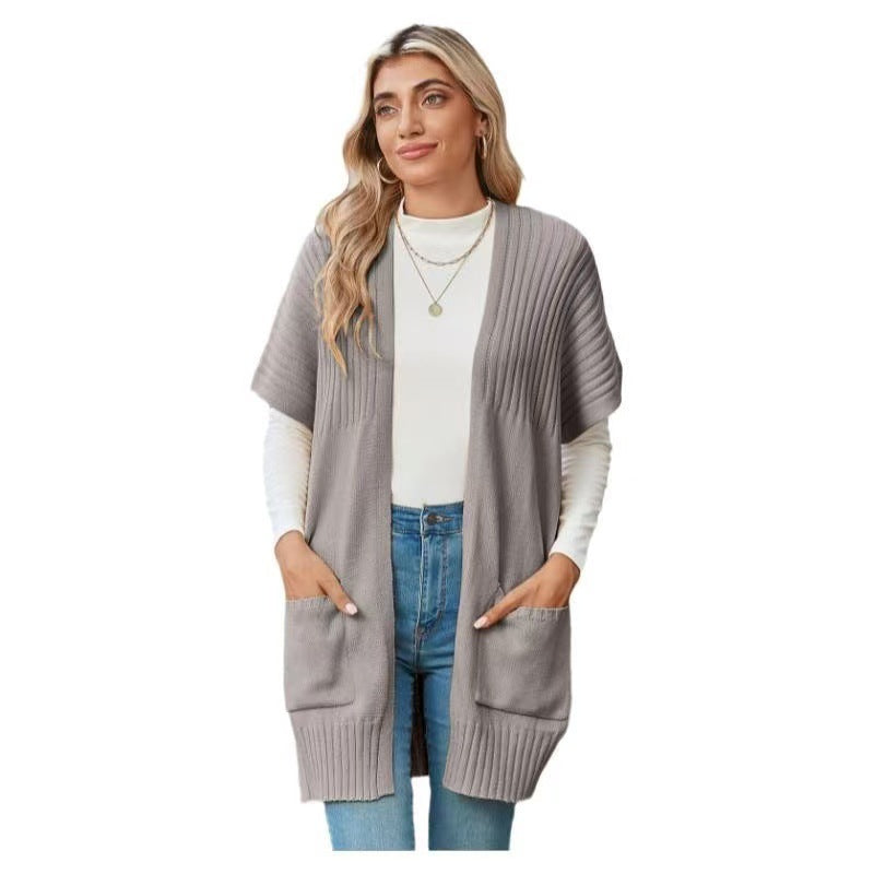 Women's open-front ribbed knit cardigan with short sleeves and patch pockets