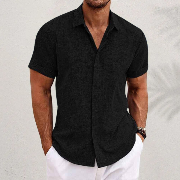Men's short sleeve collared button shirt with open neckline and curved hem