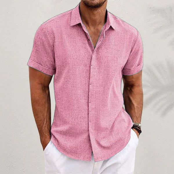 Men's short sleeve collared button shirt with open neckline and curved hem
