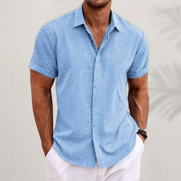 Men's short sleeve collared button shirt with open neckline and curved hem