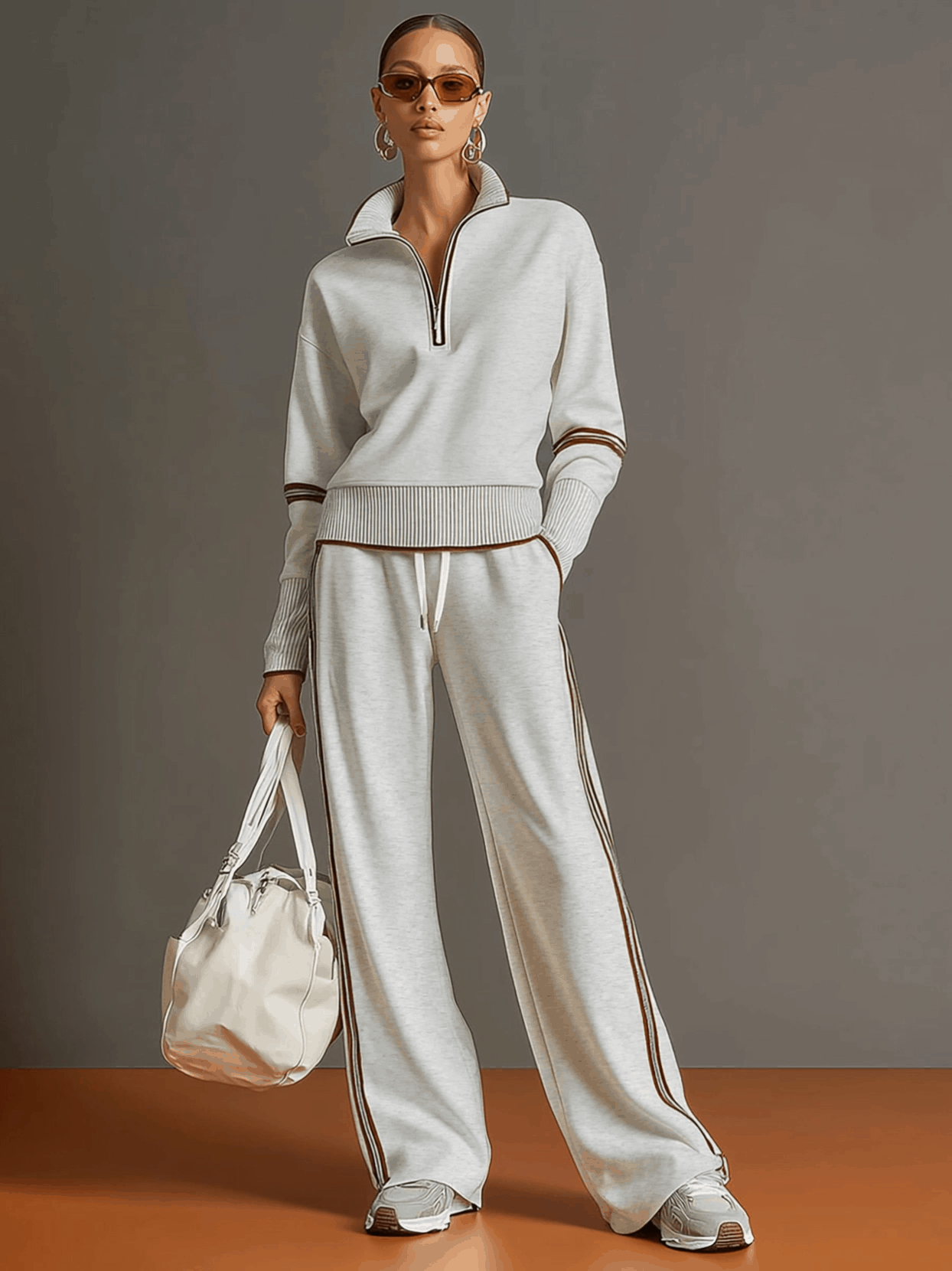 Ribbed Zip Lounge Set Grey White Loose Fit Tracksuit