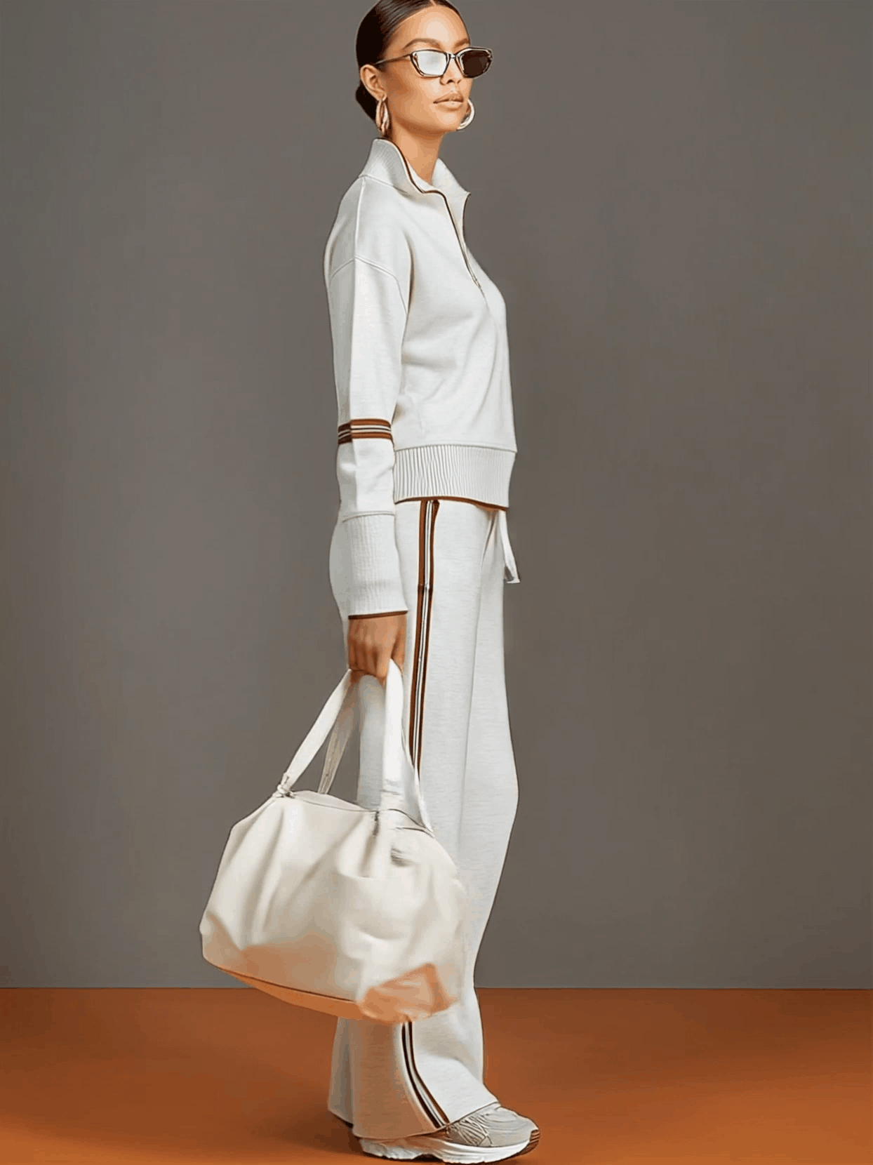 Ribbed Zip Lounge Set Grey White Loose Fit Tracksuit
