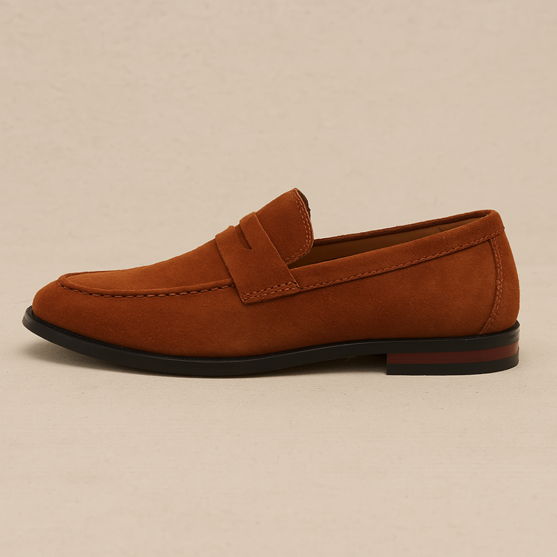 Men's penny loafers with moc-toe stitching, strap detail and low heel