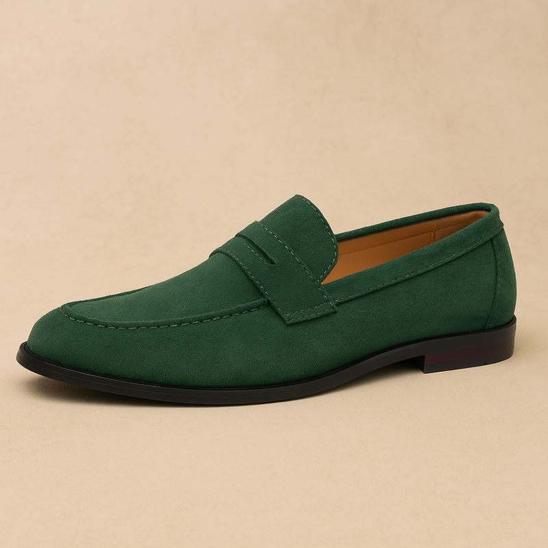 Men's penny loafers with moc-toe stitching, strap detail and low heel