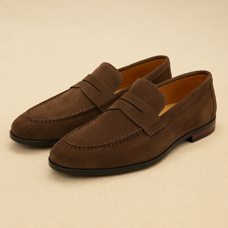Men's penny loafers with moc-toe stitching, strap detail and low heel