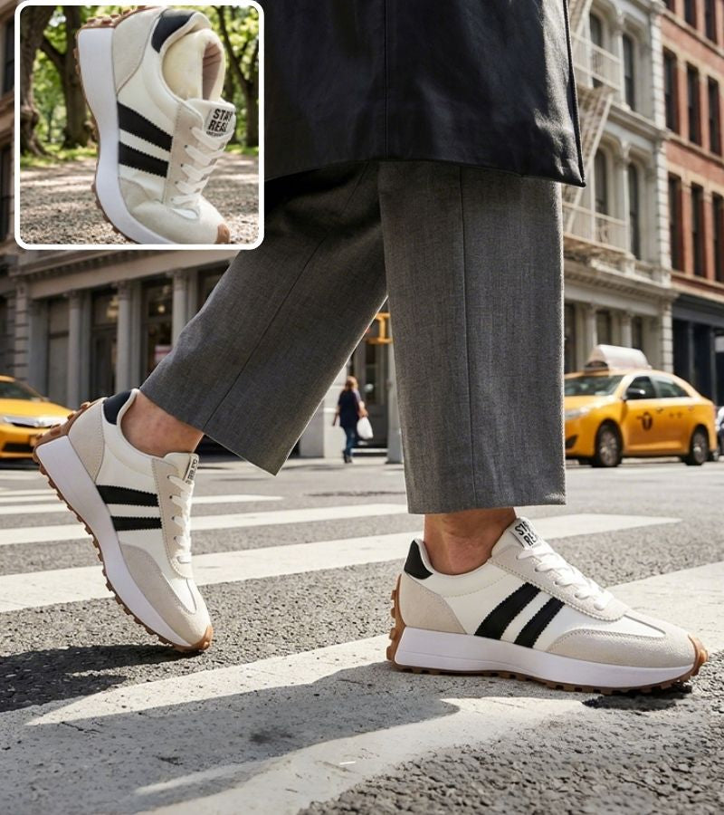Women's striped lace-up trainers with a round toe and textured flat sole