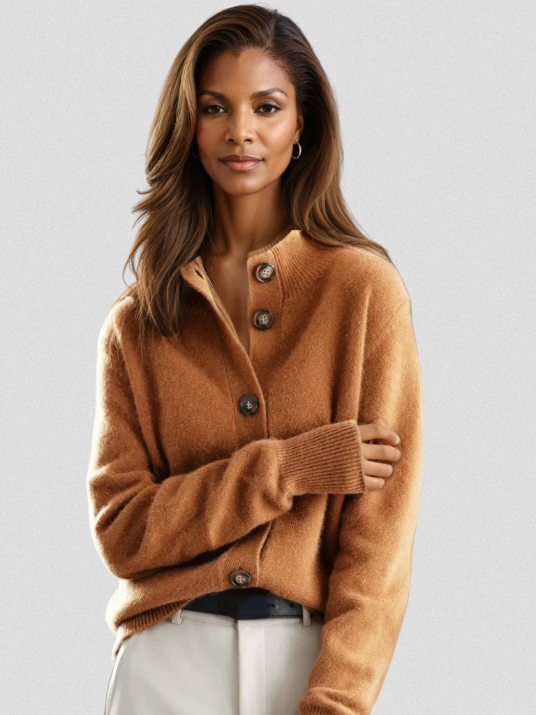 Women's long-sleeve button cardigan with ribbed trims