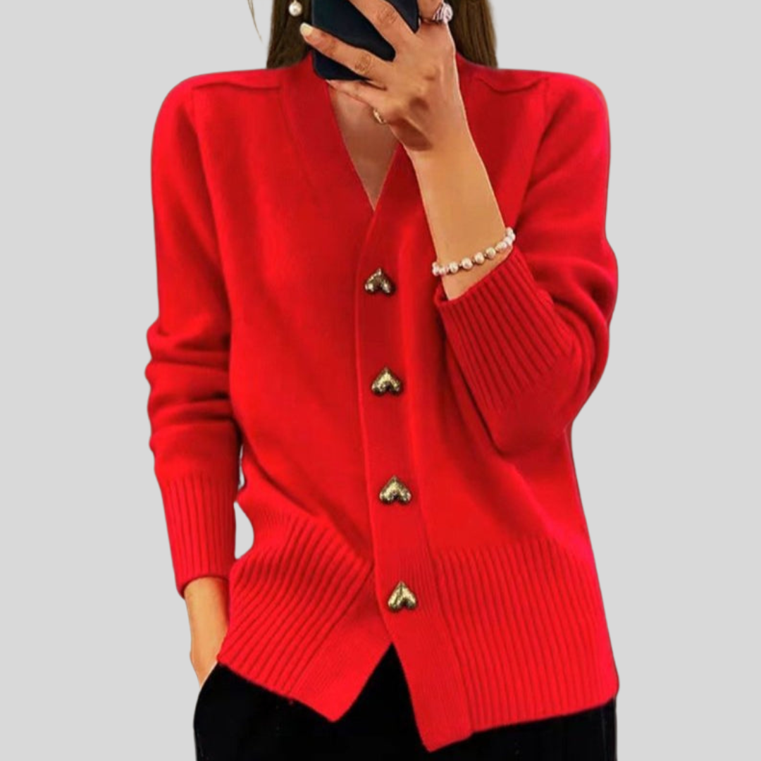 Women's V-neck button front cardigan with long sleeves, front pockets and ribbed trims