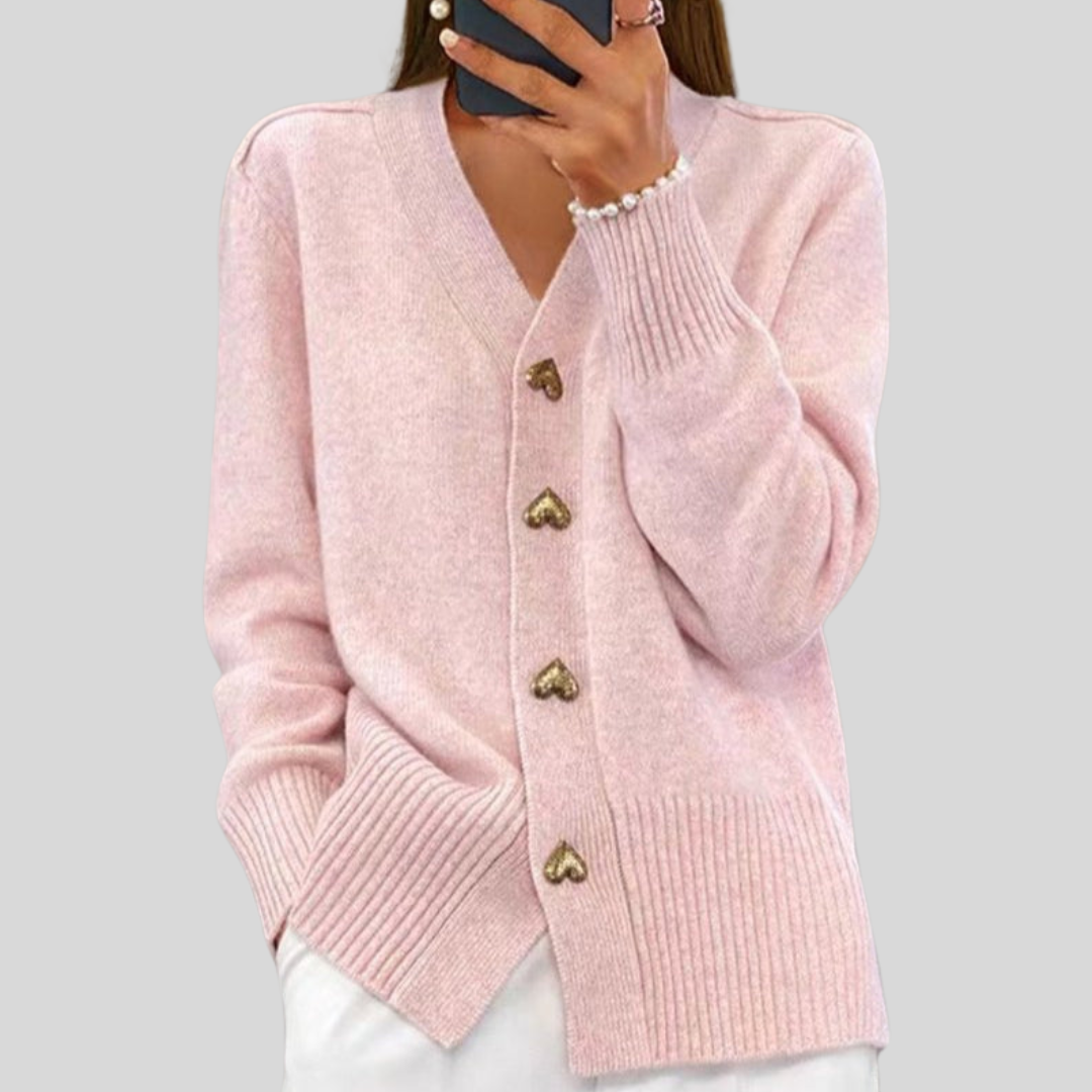 Women's V-neck button front cardigan with long sleeves, front pockets and ribbed trims
