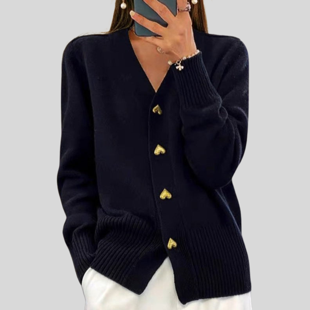 Women's V-neck button front cardigan with long sleeves, front pockets and ribbed trims
