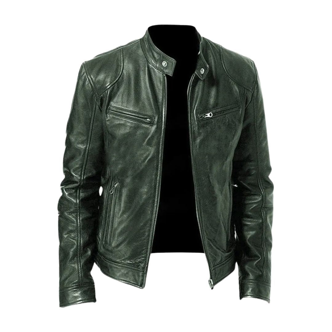 Men's zip-front biker jacket with stand collar and multiple zipped pockets