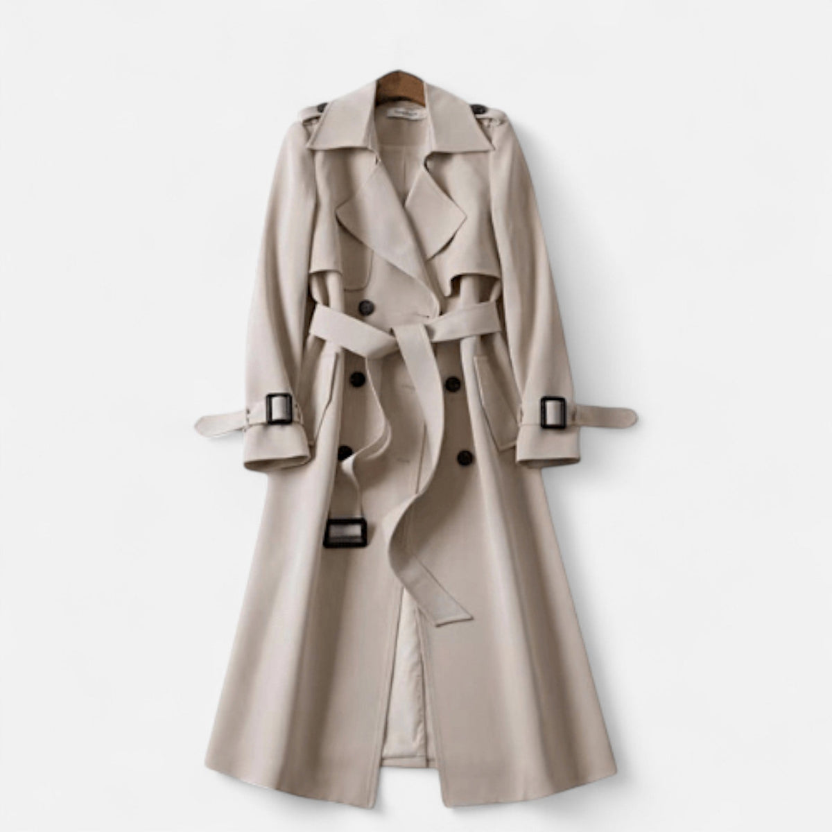 Women's long belted trench coat with wide lapels and adjustable cuff straps