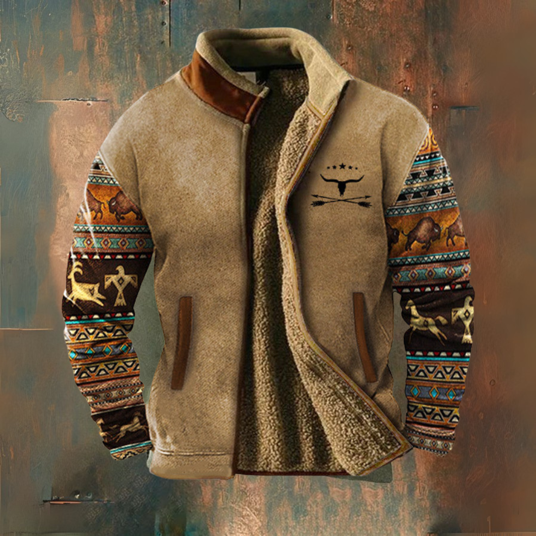 Men's fleece jacket with geometric patterned sleeves, raised collar and front zip